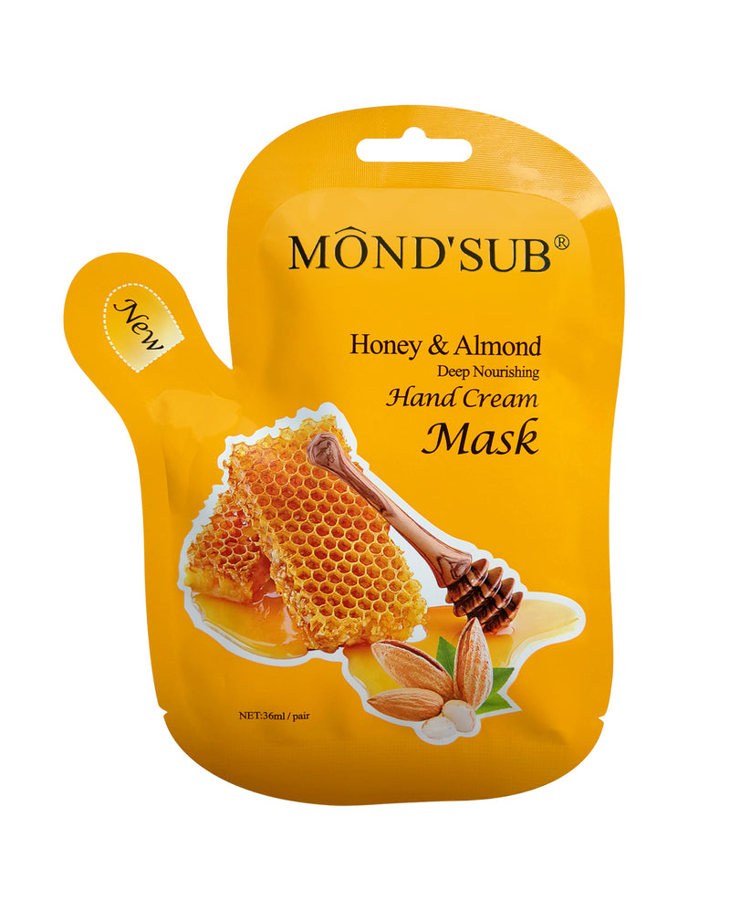 Honey and Almond deep nourishing hand cream mask in easy-to-use mask gloves for dry hands.