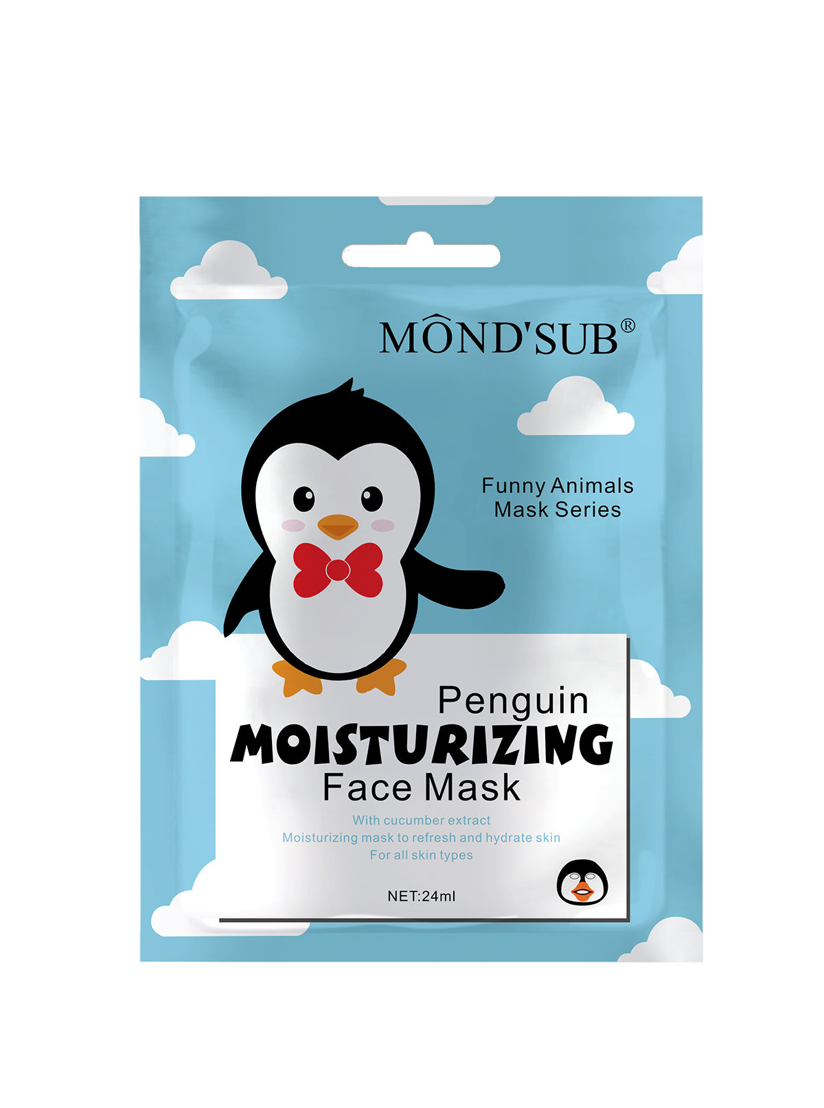 Penguin character moisturizing face mask sheet for fun and hydrating skincare.