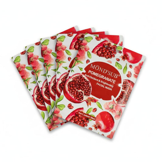 Pack of 5 Pomegranate eye masks for boosting radiance and treating tired under-eye skin.