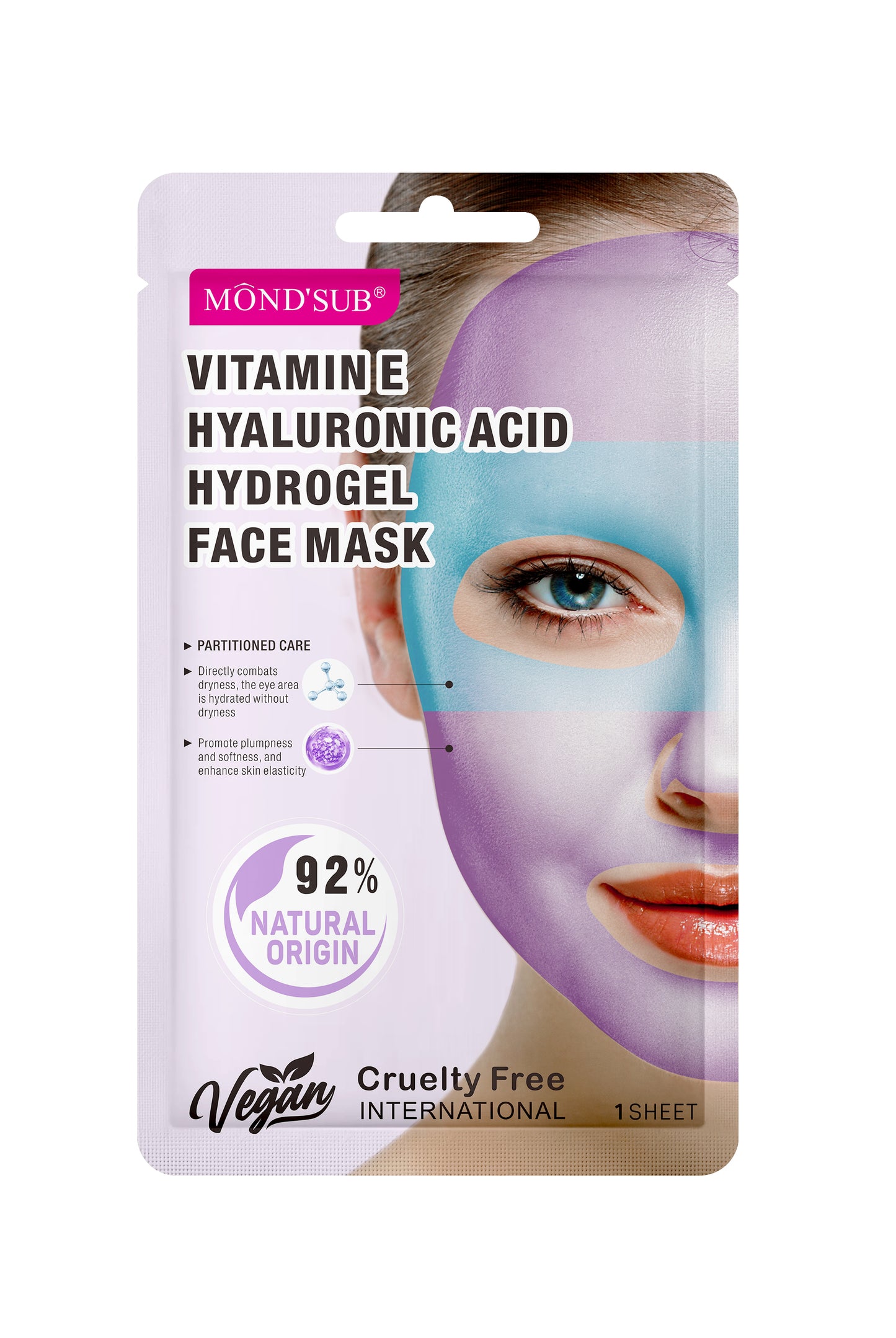 Vitamin E and Hyaluronic Acid hydrogel face mask for deep hydration and skin plumping.