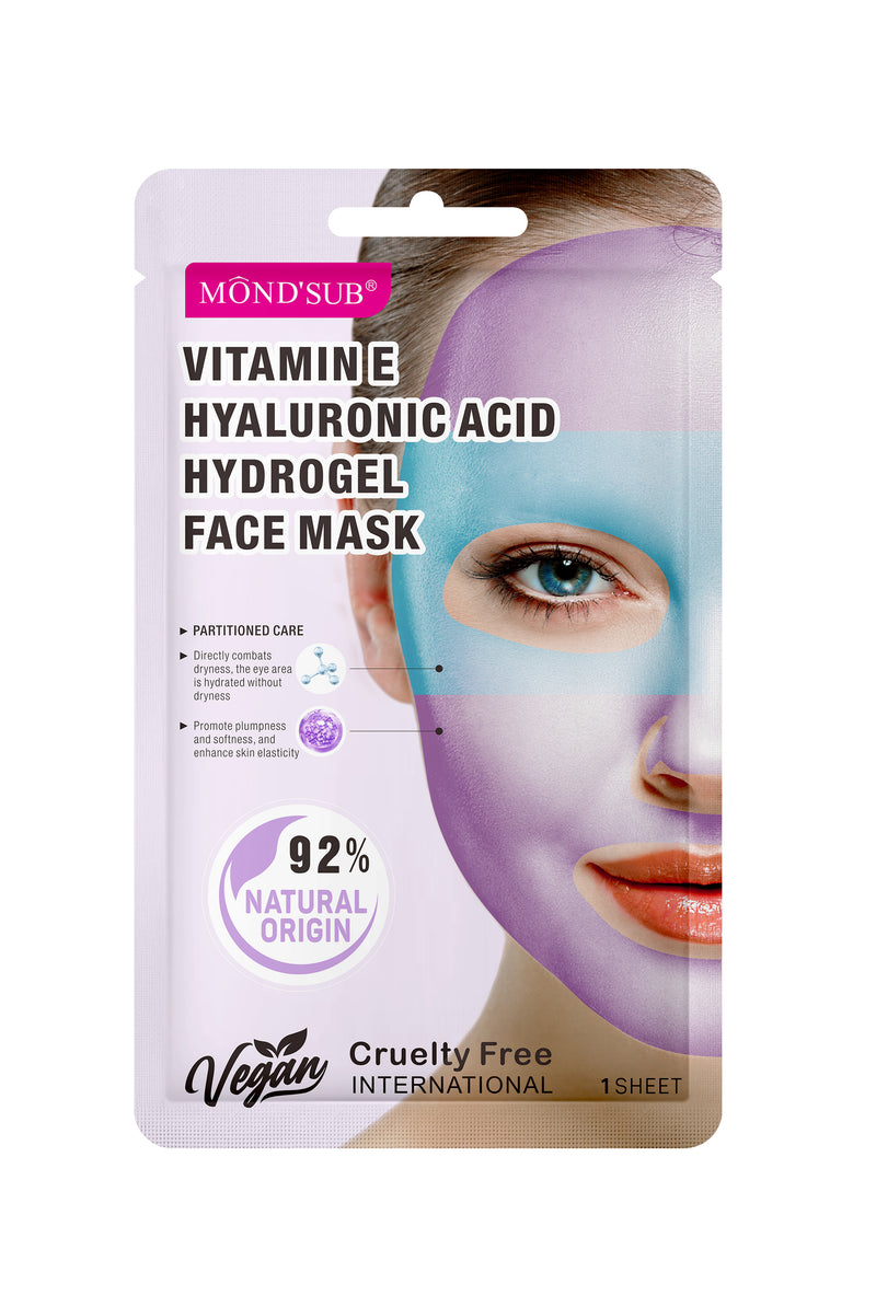 Vitamin E and Hyaluronic Acid hydrogel face mask for deep hydration and skin plumping.